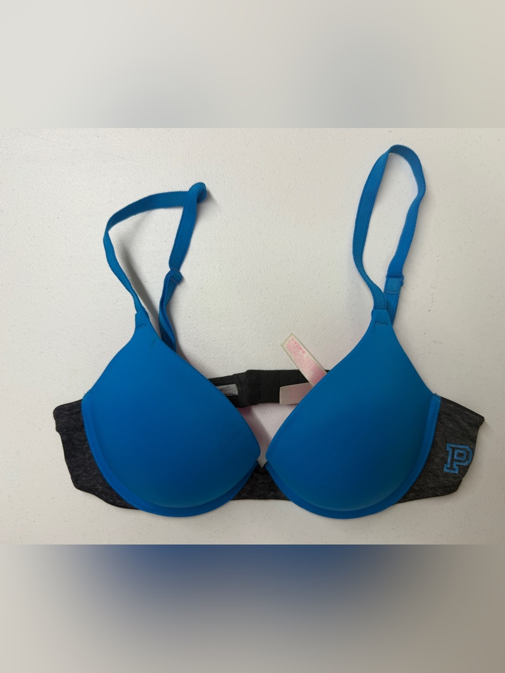 Victoria’s Secret PINK Super Push Up Bra 34B Blue Black Gray Logo